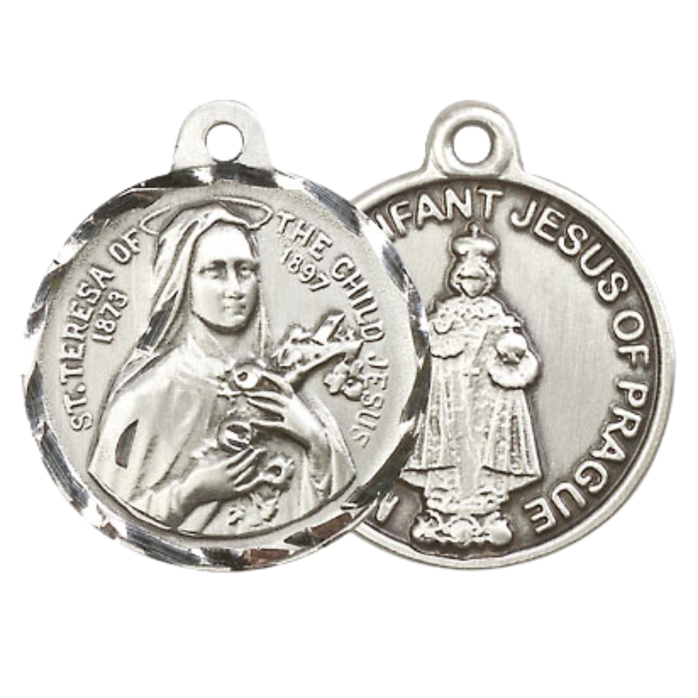 Everlasting Light Jewelry .925 Sterling Silver Saint St. Theresa Medal Pendant (7/8 x 7/8) on 24 Inch Endless Rhodium Plated Heavy Curb Chain, Catholic Medal - Made in USA, Deluxe Velvet Gift Box Included