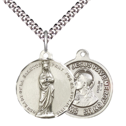 Everlasting Light Jewelry .925 Sterling Silver Our Lady of Lasalette Medal Pendant (7/8 x 7/8) on 24 Inch Endless Rhodium Plated Heavy Curb Chain, Catholic Medal - Made in USA, Deluxe Velvet Gift Box