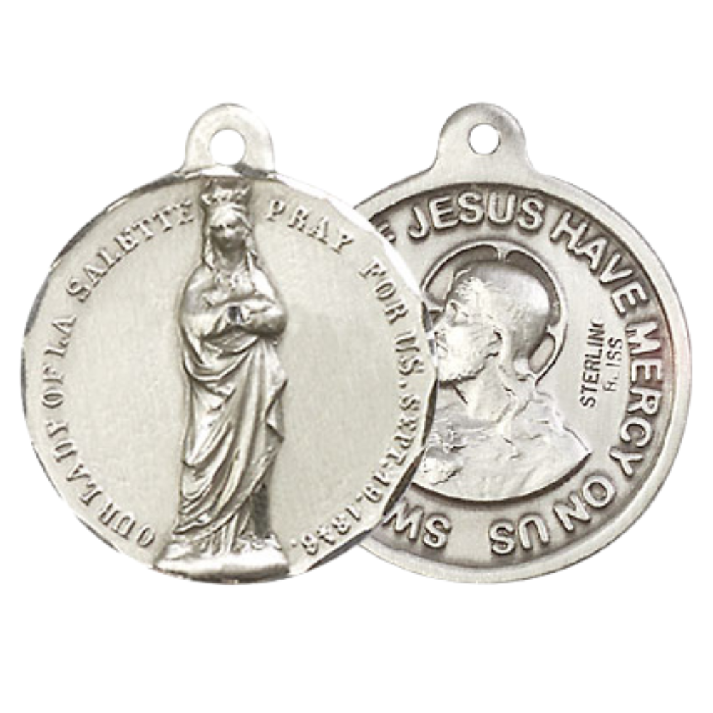 Everlasting Light Jewelry .925 Sterling Silver Our Lady of Lasalette Medal Pendant (7/8 x 7/8) on 24 Inch Endless Rhodium Plated Heavy Curb Chain, Catholic Medal - Made in USA, Deluxe Velvet Gift Box