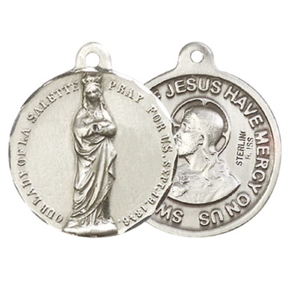 Everlasting Light Jewelry .925 Sterling Silver Our Lady of Lasalette Medal Pendant (7/8 x 7/8) on 24 Inch Endless Rhodium Plated Heavy Curb Chain, Catholic Medal - Made in USA, Deluxe Velvet Gift Box