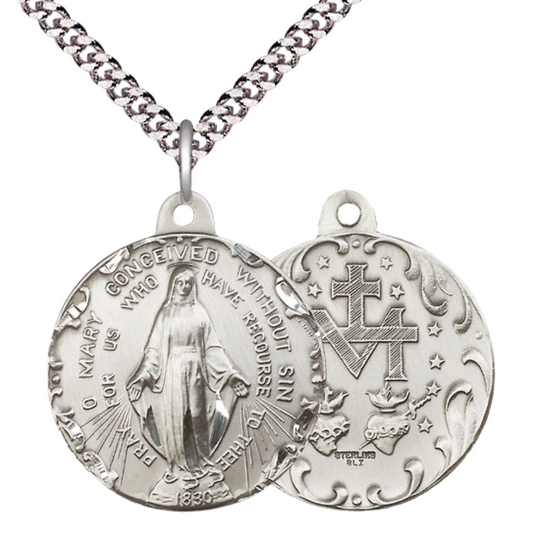 Everlasting Light Jewelry .925 Sterling Silver Immaculate Conception Medal Pendant on 24 Inch Endless Rhodium Plated Heavy Curb Chain - Catholic Religious Necklace Made in USA, Deluxe Velvet Gift Box