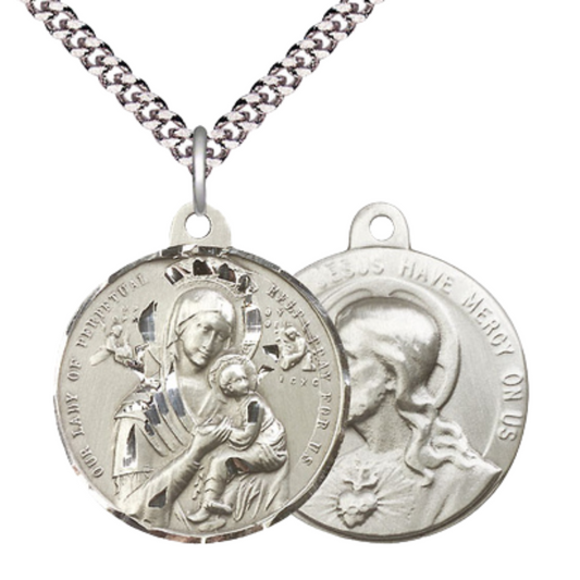 Everlasting Light Jewelry .925 Sterling Silver Our Lady Perpetual Help Medal Pendant on 24 Inch Endless Rhodium Plated Heavy Curb Chain - Catholic Religious Necklace Made in USA, Deluxe Velvet Gift Box