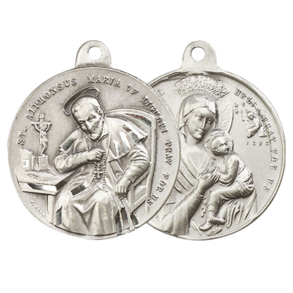 .925 Sterling Silver Saint St. Alphonsus Our Lady Perpetual Help Medal Pendant on 24 Inch Endless Rhodium Plated Heavy Curb Chain - Catholic Religious Necklace Made in USA, Deluxe Velvet Gift Box