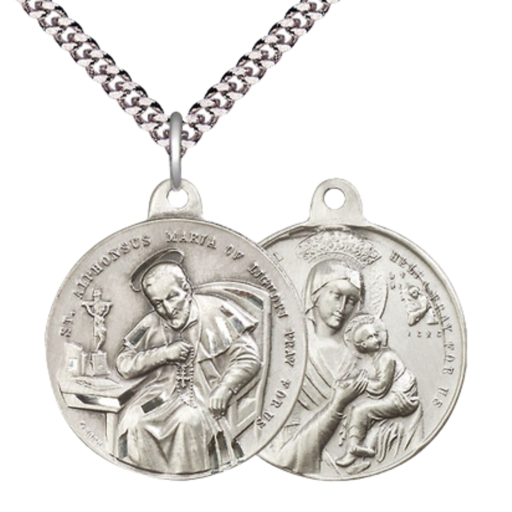 .925 Sterling Silver Saint St. Alphonsus Our Lady Perpetual Help Medal Pendant on 24 Inch Endless Rhodium Plated Heavy Curb Chain - Catholic Religious Necklace Made in USA, Deluxe Velvet Gift Box