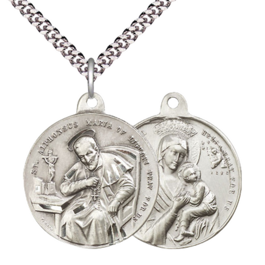 .925 Sterling Silver Saint St. Alphonsus Our Lady Perpetual Help Medal Pendant on 24 Inch Endless Rhodium Plated Heavy Curb Chain - Catholic Religious Necklace Made in USA, Deluxe Velvet Gift Box