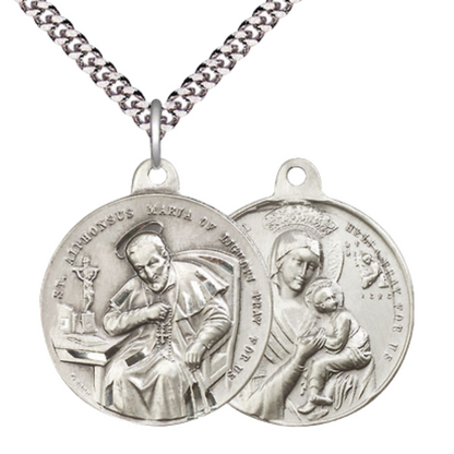 .925 Sterling Silver Saint St. Alphonsus Our Lady Perpetual Help Medal Pendant on 24 Inch Endless Rhodium Plated Heavy Curb Chain - Catholic Religious Necklace Made in USA, Deluxe Velvet Gift Box