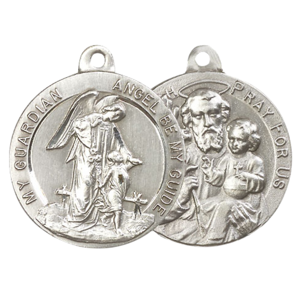 .925 Sterling Silver Guardian Angel Saint St. Joseph Medal Pendant on 24 Inch Endless Rhodium Plated Heavy Curb Chain - Catholic Religious Necklace Made in USA, Deluxe Velvet Gift Box