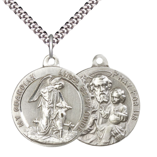 .925 Sterling Silver Guardian Angel Saint St. Joseph Medal Pendant on 24 Inch Endless Rhodium Plated Heavy Curb Chain - Catholic Religious Necklace Made in USA, Deluxe Velvet Gift Box