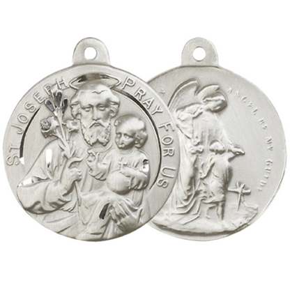 .925 Sterling Silver Saint St. Joseph Guardian Angel Medal Pendant on 24 Inch Endless Rhodium Plated Heavy Curb Chain - Catholic Religious Necklace Made in USA, Deluxe Velvet Gift Box Included