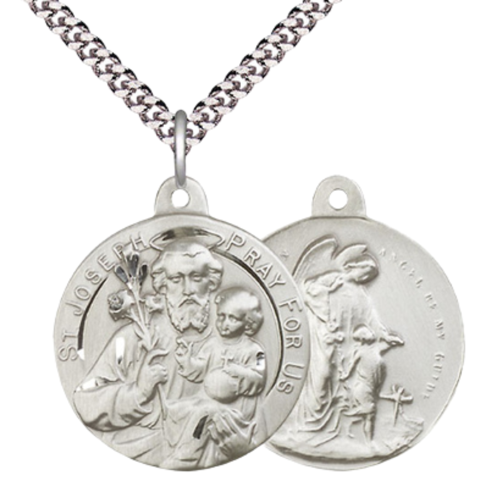.925 Sterling Silver Saint St. Joseph Guardian Angel Medal Pendant on 24 Inch Endless Rhodium Plated Heavy Curb Chain - Catholic Religious Necklace Made in USA, Deluxe Velvet Gift Box Included