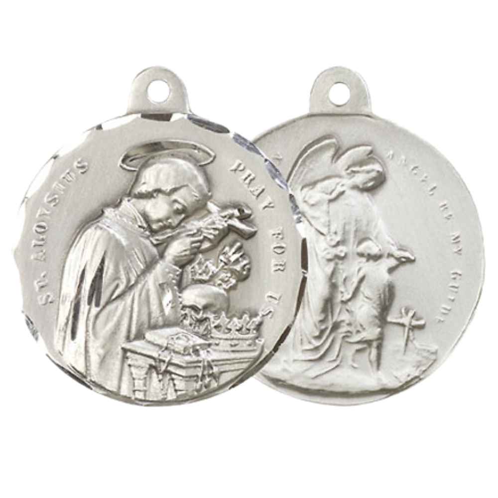 .925 Sterling Silver Saint St. Aloysius Guardian Angel Medal Pendant on 24 Inch Endless Rhodium Plated Heavy Curb Chain - Catholic Religious Necklace Made in USA, Deluxe Velvet Gift Box Included