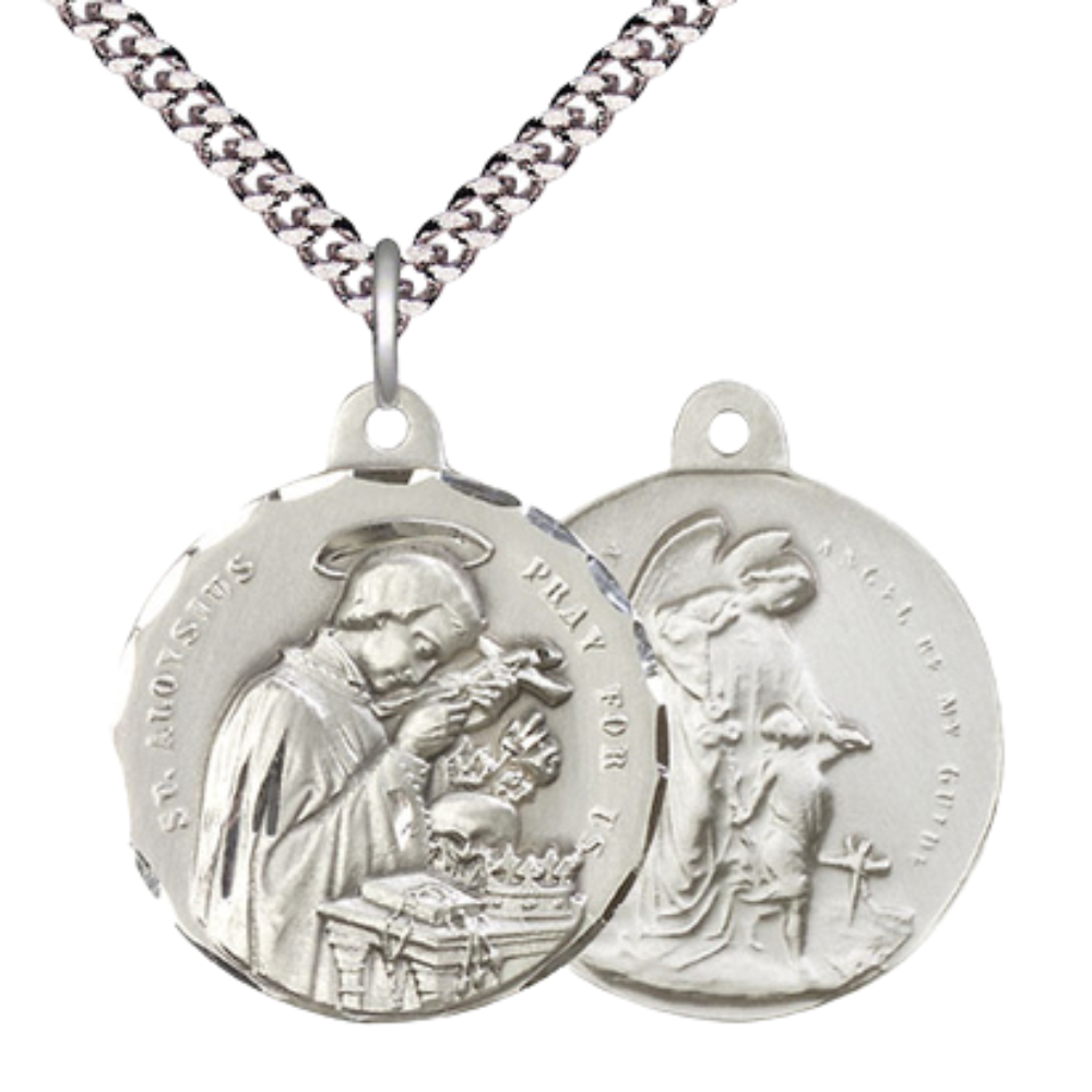 .925 Sterling Silver Saint St. Aloysius Guardian Angel Medal Pendant on 24 Inch Endless Rhodium Plated Heavy Curb Chain - Catholic Religious Necklace Made in USA, Deluxe Velvet Gift Box Included