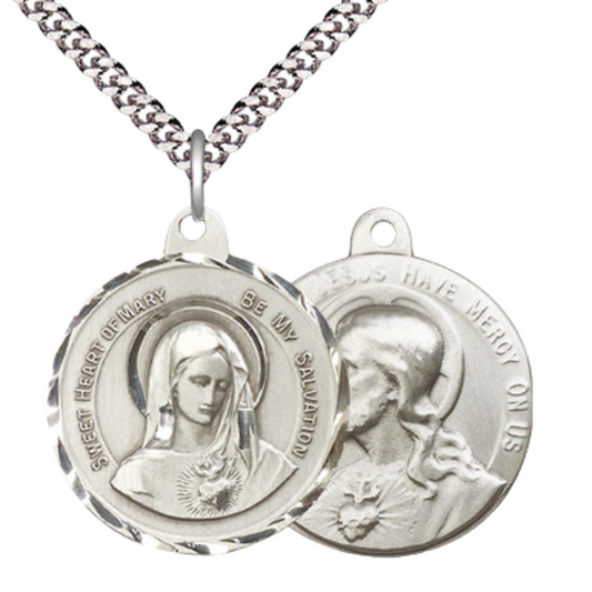 .925 Sterling Silver Immaculate Heart of Mary Medal Pendant on 24 Inch Endless Rhodium Plated Heavy Curb Chain - Catholic Religious Necklace Made in USA, Deluxe Velvet Gift Box