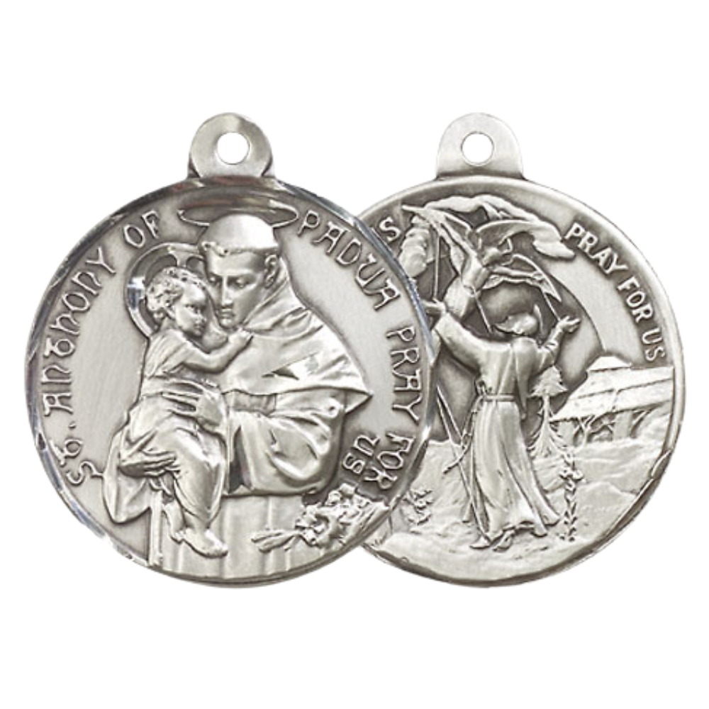.925 Sterling Silver Saint St. Anthony Saint St. Francis of Assisi Medal Pendant on 24 Inch Endless Rhodium Plated Heavy Curb Chain - Catholic Religious Necklace Made in USA, Deluxe Velvet Gift Box