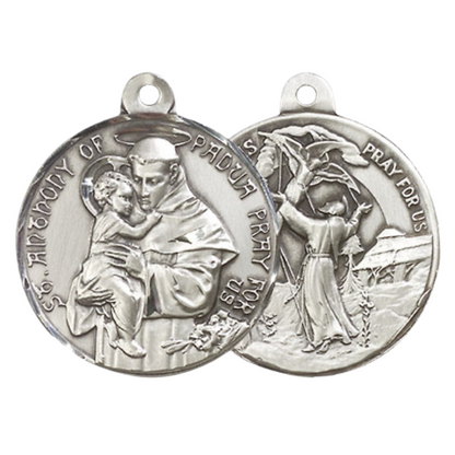 .925 Sterling Silver Saint St. Anthony Saint St. Francis of Assisi Medal Pendant on 24 Inch Endless Rhodium Plated Heavy Curb Chain - Catholic Religious Necklace Made in USA, Deluxe Velvet Gift Box