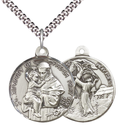 .925 Sterling Silver Saint St. Anthony Saint St. Francis of Assisi Medal Pendant on 24 Inch Endless Rhodium Plated Heavy Curb Chain - Catholic Religious Necklace Made in USA, Deluxe Velvet Gift Box