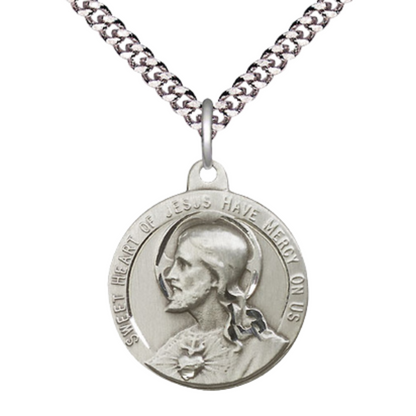 Everlasting Light Jewelry .925 Sterling Silver Sacred Heart of Jesus Medal Pendant on 24 Inch Endless Rhodium Plated Heavy Curb Chain - Catholic Religious Necklace Made in USA, Deluxe Velvet Gift Box