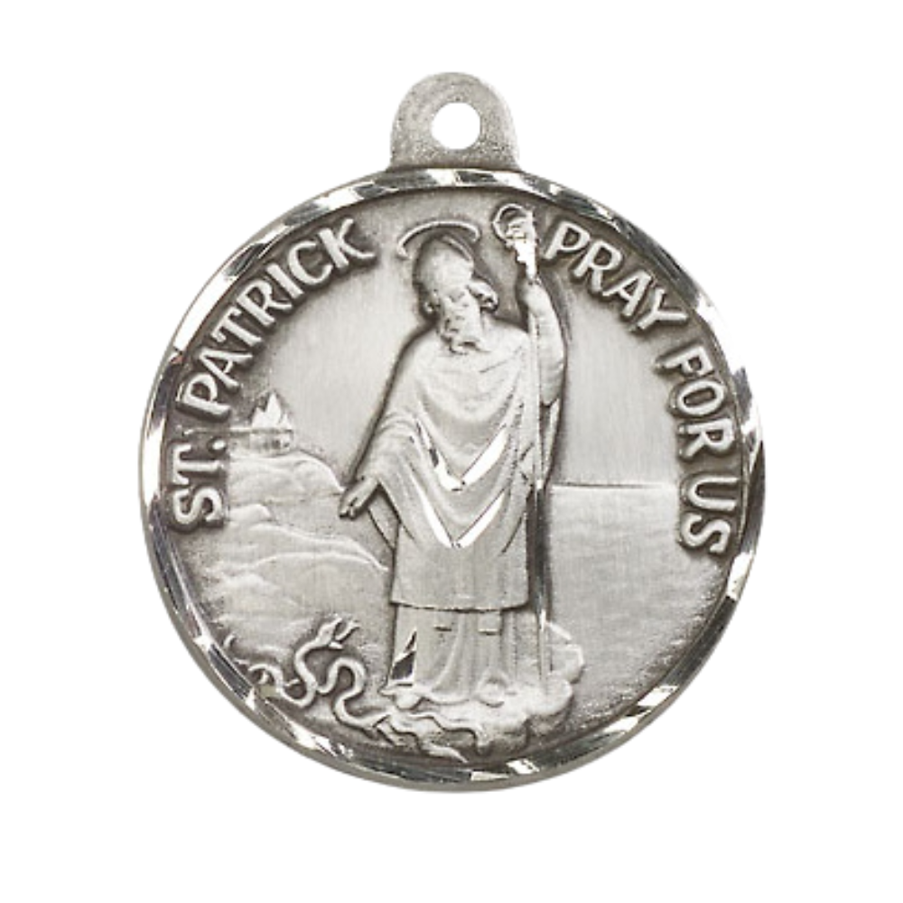 Everlasting Light Jewelry .925 Sterling Silver Saint St. Patrick Medal Pendant on 24 Inch Endless Rhodium Plated Heavy Curb Chain - Catholic Religious Necklace Made in USA, Deluxe Velvet Gift Box