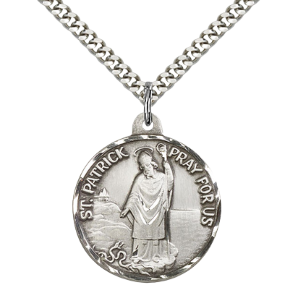 Everlasting Light Jewelry .925 Sterling Silver Saint St. Patrick Medal Pendant on 24 Inch Endless Rhodium Plated Heavy Curb Chain - Catholic Religious Necklace Made in USA, Deluxe Velvet Gift Box