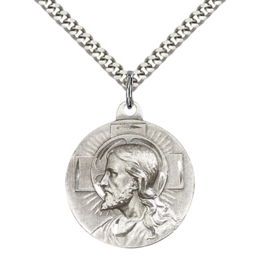 Everlasting Light Jewelry .925 Sterling Silver Salvator Mundi Medal Pendant on 24 Inch Endless Rhodium Plated Heavy Curb Chain - Catholic Religious Necklace Made in USA, Deluxe Velvet Gift Box