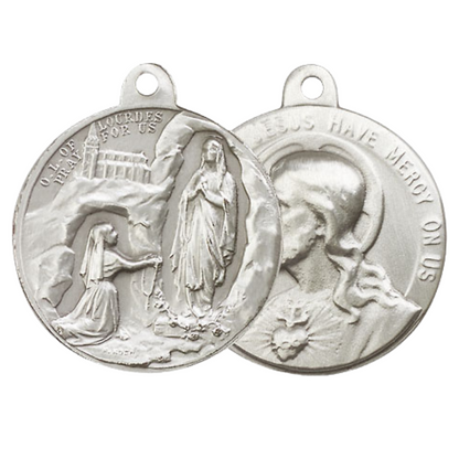 .925 Sterling Silver Our Lady of Lourdes Sacred Heart of Jesus Medal Pendant on 24 Inch Endless Rhodium Plated Heavy Curb Chain - Catholic Religious Necklace Made in USA, Deluxe Velvet Gift Box
