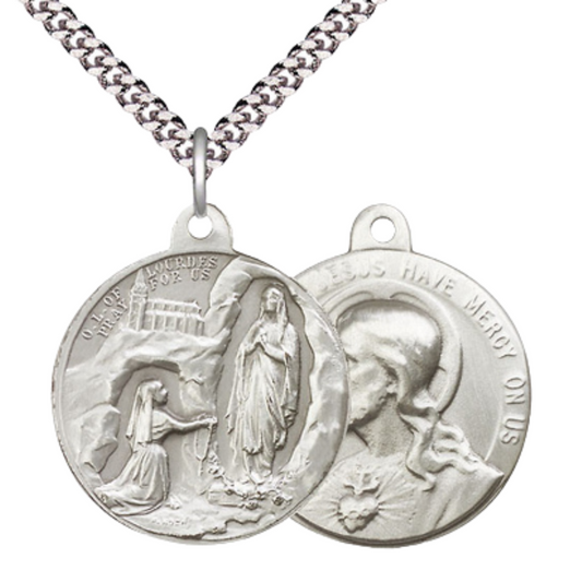 .925 Sterling Silver Our Lady of Lourdes Sacred Heart of Jesus Medal Pendant on 24 Inch Endless Rhodium Plated Heavy Curb Chain - Catholic Religious Necklace Made in USA, Deluxe Velvet Gift Box