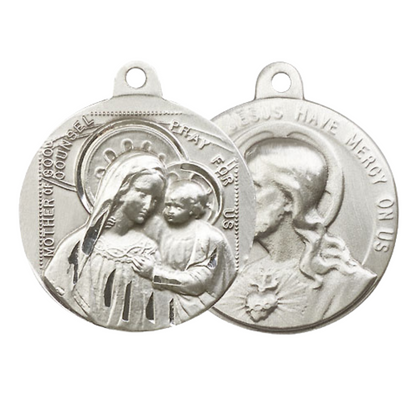 .925 Sterling Silver Our Lady of Good Counsel Sacred Heart of Jesus Medal Pendant on 24 Inch Endless Rhodium Plated Heavy Curb Chain - Catholic Religious Necklace Made in USA, Deluxe Velvet Gift Boxed