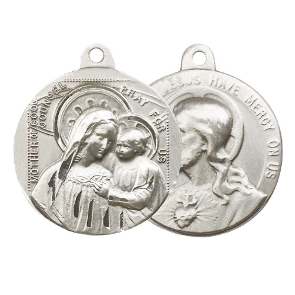 .925 Sterling Silver Our Lady of Good Counsel Sacred Heart of Jesus Medal Pendant on 24 Inch Endless Rhodium Plated Heavy Curb Chain - Catholic Religious Necklace Made in USA, Deluxe Velvet Gift Boxed