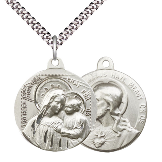 .925 Sterling Silver Our Lady of Good Counsel Sacred Heart of Jesus Medal Pendant on 24 Inch Endless Rhodium Plated Heavy Curb Chain - Catholic Religious Necklace Made in USA, Deluxe Velvet Gift Boxed