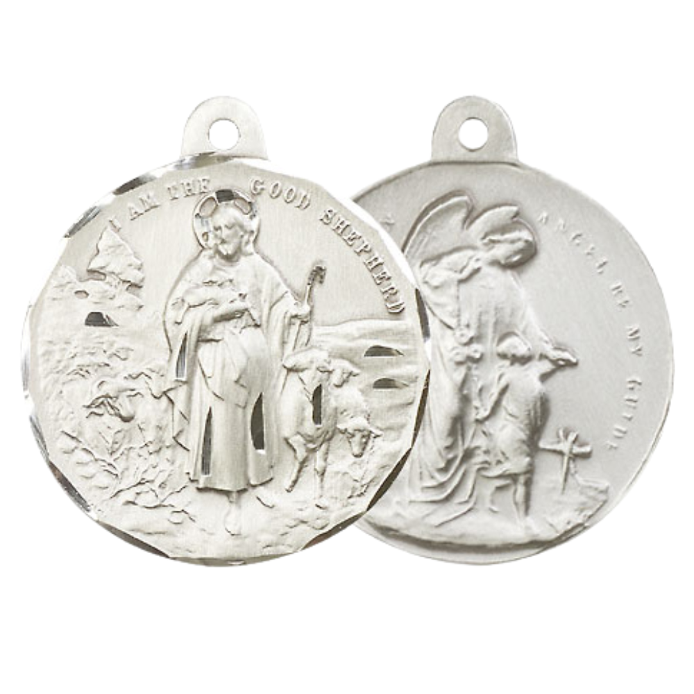 .925 Sterling Silver Good Shepherd Guardian Angel Medal Pendant on 24 Inch Endless Rhodium Plated Heavy Curb Chain - Catholic Religious Necklace Made in USA, Deluxe Velvet Gift Box