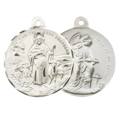 .925 Sterling Silver Good Shepherd Guardian Angel Medal Pendant on 24 Inch Endless Rhodium Plated Heavy Curb Chain - Catholic Religious Necklace Made in USA, Deluxe Velvet Gift Box