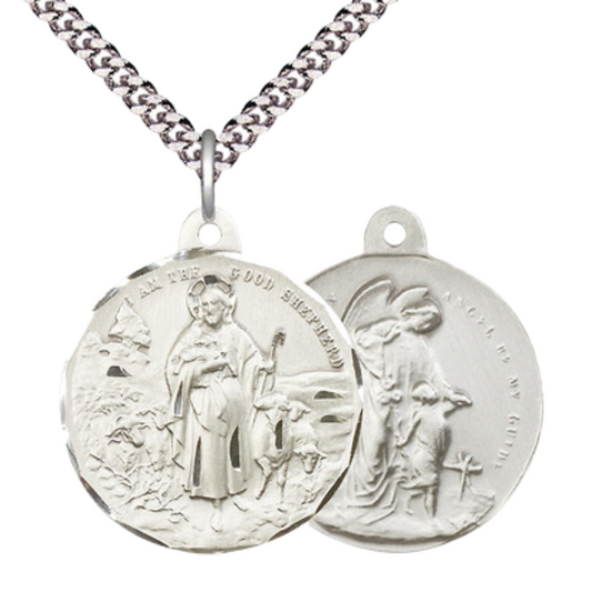.925 Sterling Silver Good Shepherd Guardian Angel Medal Pendant on 24 Inch Endless Rhodium Plated Heavy Curb Chain - Catholic Religious Necklace Made in USA, Deluxe Velvet Gift Box