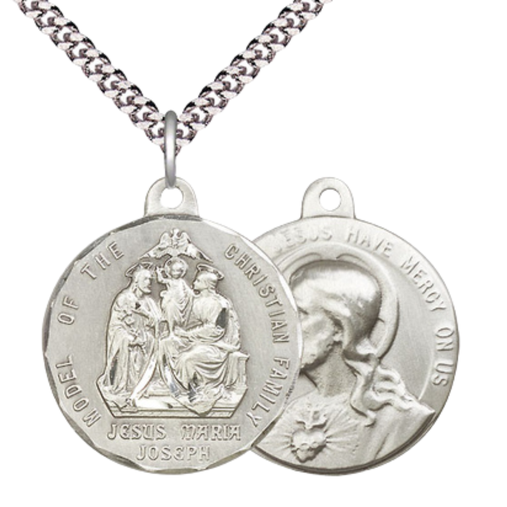 Everlasting Light Jewelry .925 Sterling Silver Holy Family Medal Pendant on 24 Inch Endless Rhodium Plated Heavy Curb Chain - Catholic Religious Necklace Made in USA, Deluxe Velvet Gift Box