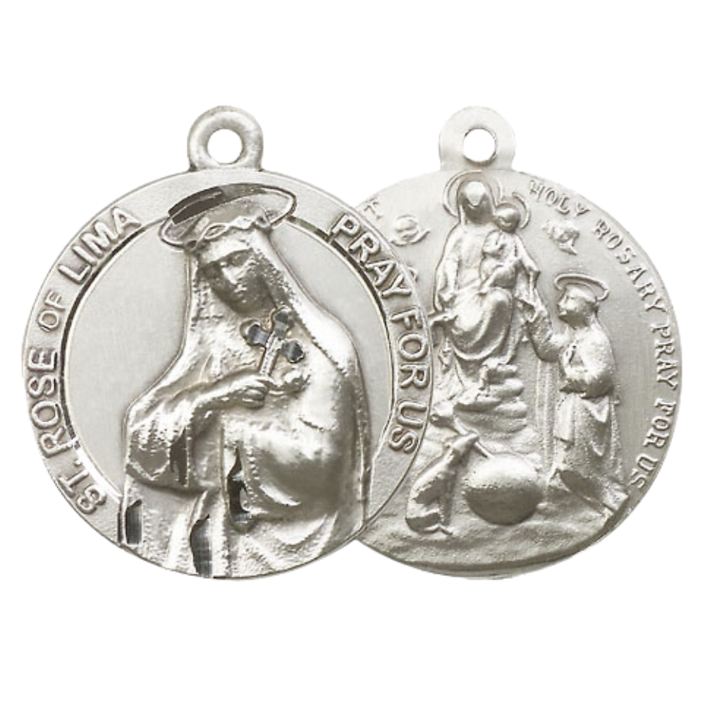 .925 Sterling Silver Saint St. Rose of Lima Holy Rosary Medal Pendant on 24 Inch Endless Rhodium Plated Heavy Curb Chain - Catholic Religious Necklace Made in USA, Deluxe Velvet Gift Box