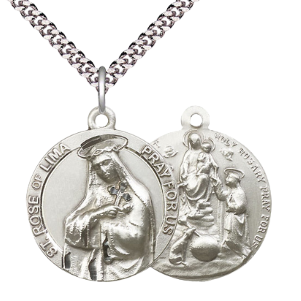 .925 Sterling Silver Saint St. Rose of Lima Holy Rosary Medal Pendant on 24 Inch Endless Rhodium Plated Heavy Curb Chain - Catholic Religious Necklace Made in USA, Deluxe Velvet Gift Box