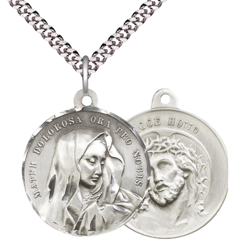 .925 Sterling Silver Mater Dolorosa Ecce Homo Medal Pendant on 24 Inch Endless Rhodium Plated Heavy Curb Chain - Catholic Religious Necklace Made in USA, Deluxe Velvet Gift Box