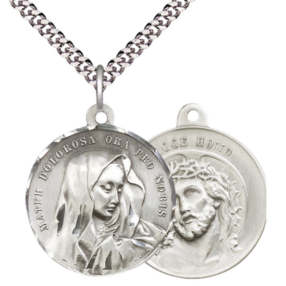 .925 Sterling Silver Mater Dolorosa Ecce Homo Medal Pendant on 24 Inch Endless Rhodium Plated Heavy Curb Chain - Catholic Religious Necklace Made in USA, Deluxe Velvet Gift Box