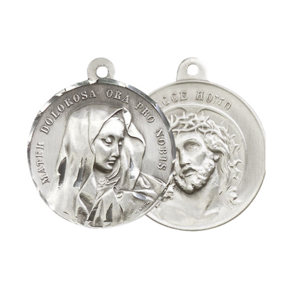 .925 Sterling Silver Mater Dolorosa Ecce Homo Medal Pendant on 24 Inch Endless Rhodium Plated Heavy Curb Chain - Catholic Religious Necklace Made in USA, Deluxe Velvet Gift Box