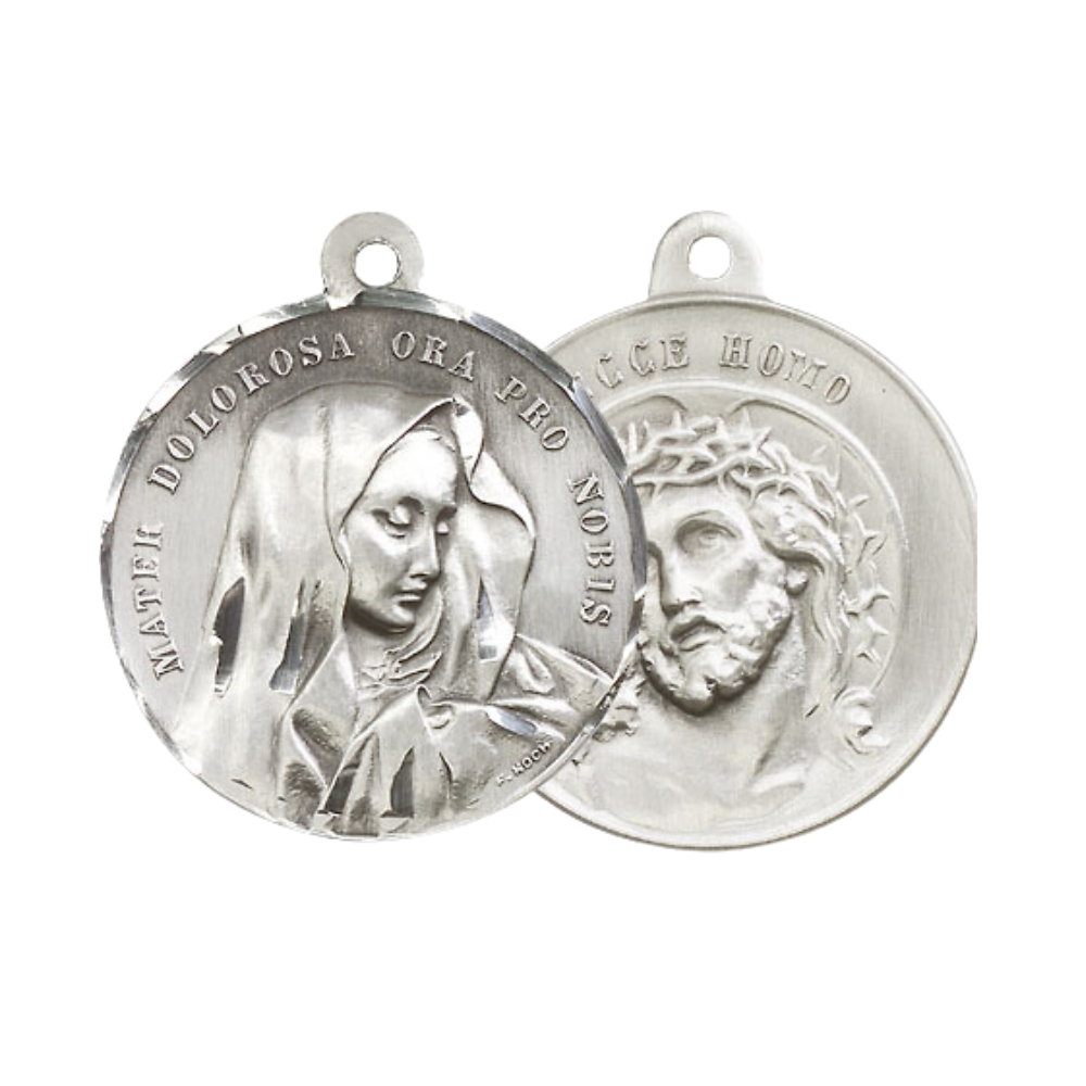 .925 Sterling Silver Mater Dolorosa Ecce Homo Medal Pendant on 24 Inch Endless Rhodium Plated Heavy Curb Chain - Catholic Religious Necklace Made in USA, Deluxe Velvet Gift Box