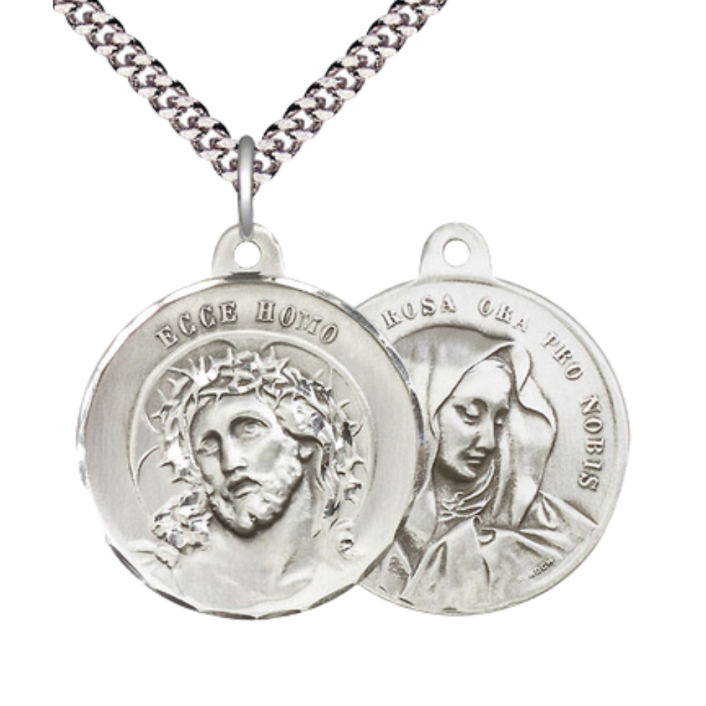 .925 Sterling Silver Ecce Homo Mater Dolorosa Medal Pendant on 24 Inch Endless Rhodium Plated Heavy Curb Chain - Catholic Religious Necklace Made in USA, Deluxe Velvet Gift Box Included