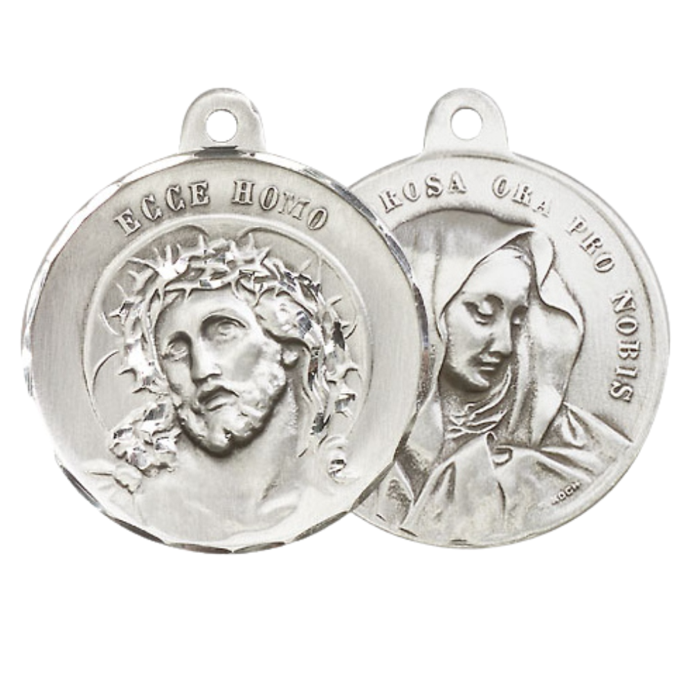 .925 Sterling Silver Ecce Homo Mater Dolorosa Medal Pendant on 24 Inch Endless Rhodium Plated Heavy Curb Chain - Catholic Religious Necklace Made in USA, Deluxe Velvet Gift Box Included