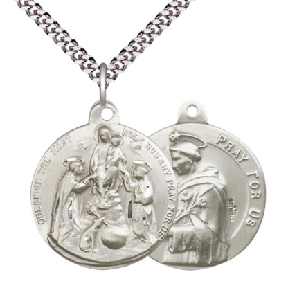 .925 Sterling Silver Holy Rosary Saint St. Dominic Medal Pendant on 24 Inch Endless Rhodium Plated Heavy Curb Chain - Catholic Religious Necklace Made in USA, Deluxe Velvet Gift Box