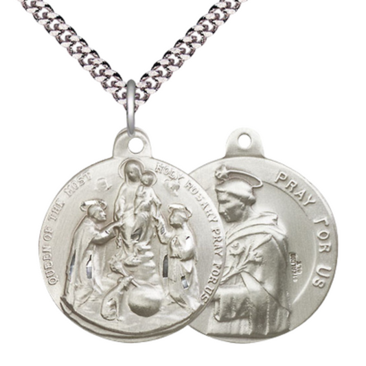 .925 Sterling Silver Holy Rosary Saint St. Dominic Medal Pendant on 24 Inch Endless Rhodium Plated Heavy Curb Chain - Catholic Religious Necklace Made in USA, Deluxe Velvet Gift Box