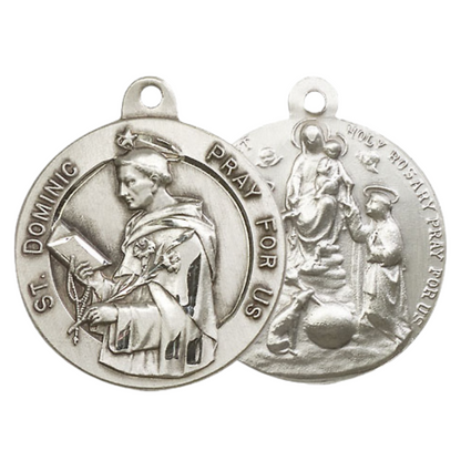 .925 Sterling Silver Saint St. Dominic Holy Rosary Medal Pendant on 24 Inch Endless Rhodium Plated Heavy Curb Chain - Catholic Religious Necklace Made in USA, Deluxe Velvet Gift Box Included