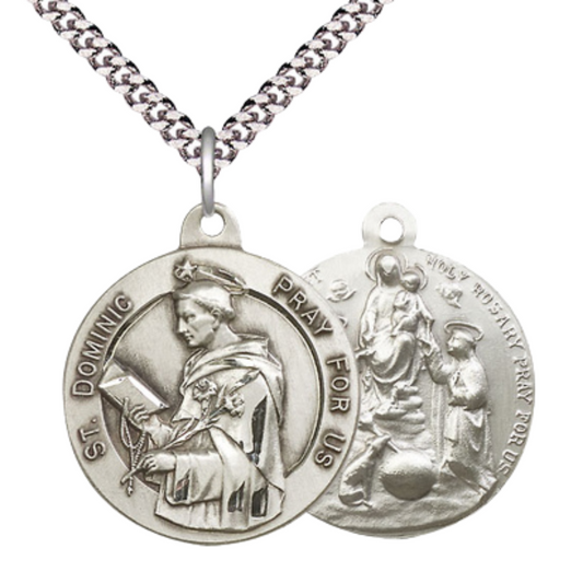 .925 Sterling Silver Saint St. Dominic Holy Rosary Medal Pendant on 24 Inch Endless Rhodium Plated Heavy Curb Chain - Catholic Religious Necklace Made in USA, Deluxe Velvet Gift Box Included
