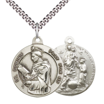 .925 Sterling Silver Saint St. Dominic Holy Rosary Medal Pendant on 24 Inch Endless Rhodium Plated Heavy Curb Chain - Catholic Religious Necklace Made in USA, Deluxe Velvet Gift Box Included