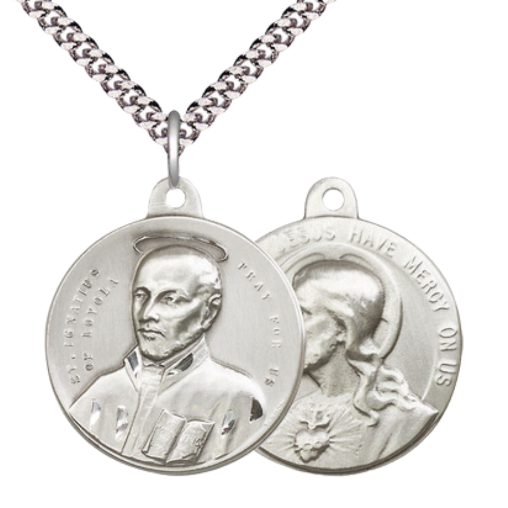 .925 Sterling Silver Saint St. Ignatius Sacred Heart of Jesus Medal Pendant on 24 Inch Endless Rhodium Plated Heavy Curb Chain - Catholic Religious Necklace Made in USA, Deluxe Velvet Gift Box