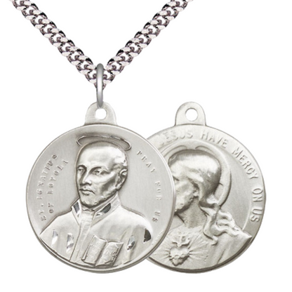 .925 Sterling Silver Saint St. Ignatius Sacred Heart of Jesus Medal Pendant on 24 Inch Endless Rhodium Plated Heavy Curb Chain - Catholic Religious Necklace Made in USA, Deluxe Velvet Gift Box