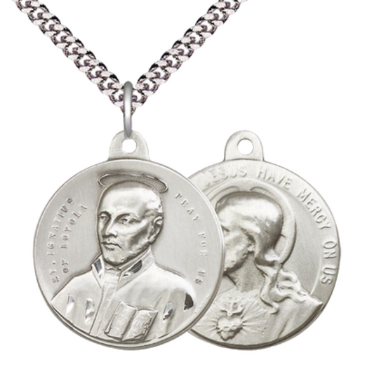 .925 Sterling Silver Saint St. Ignatius Sacred Heart of Jesus Medal Pendant on 24 Inch Endless Rhodium Plated Heavy Curb Chain - Catholic Religious Necklace Made in USA, Deluxe Velvet Gift Box