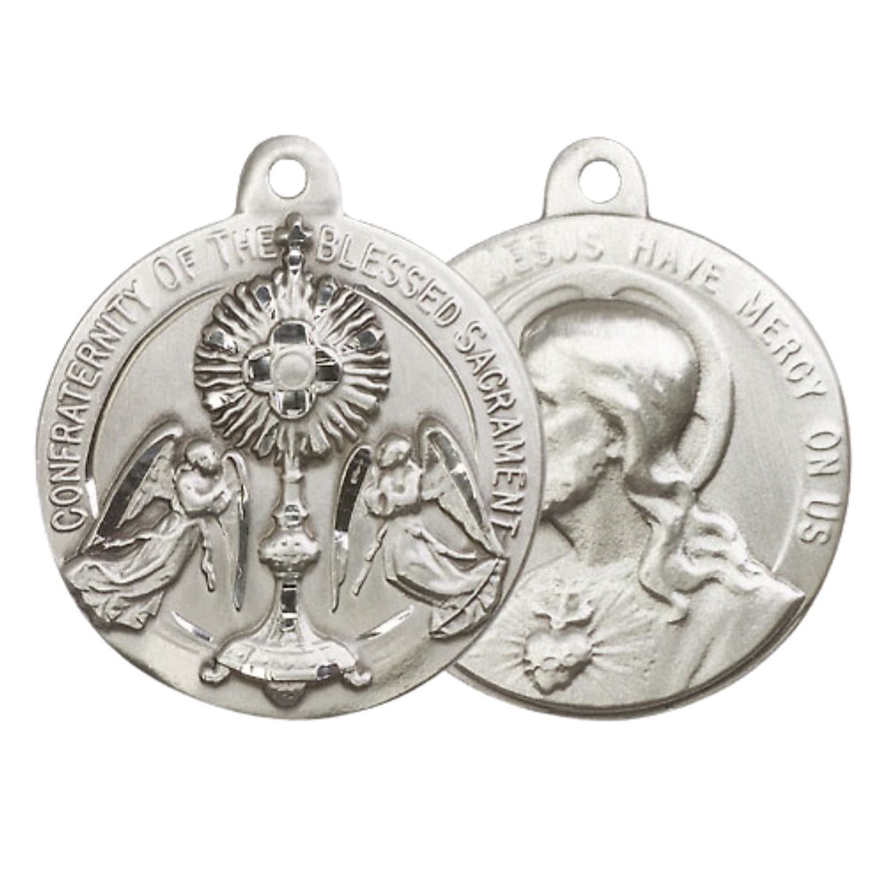 .925 Sterling Silver Blessed Sacrment Sacred Heart of Jesus Medal Pendant on 24 Inch Endless Rhodium Plated Heavy Curb Chain - Catholic Religious Necklace Made in USA, Deluxe Velvet Gift Boxed